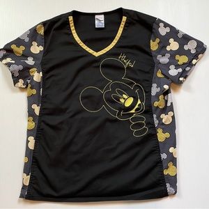 Disney Mickey Mouse v neck scrub top. Black, gray yellow & white. Size Large